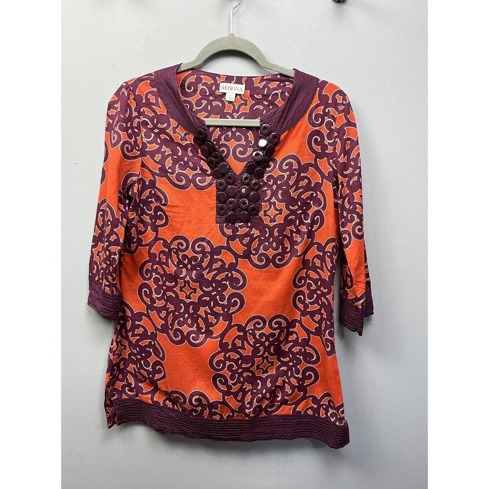 Merona Tunic Top Womens S Orange Purple Medallion‎ Embellished V-Neck 3/4 Sleeve
